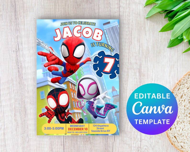May include: Editable Canva template for a Spiderman birthday party invitation. The invitation features a red and blue Spiderman, a black and red Spiderman, and a white and black Spiderman. The text on the invitation says "Join us to celebrate Jacob is turning 7".