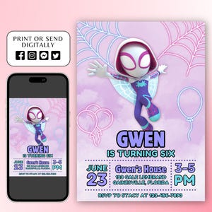 Girl Ghost Spidey Birthday Invitation, Printable Spidey and His Amazing Friends Invitation, Girl Kids Birthday Invite, Canva Template