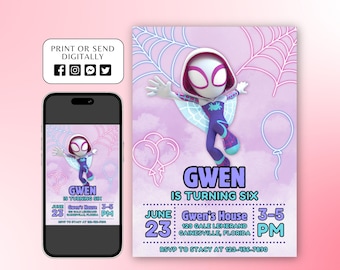 Girl Ghost Spidey Geburtstagseinladung, Printable Spidey and His Amazing Friends Einladung, Girl Kids Birthday Invite, Canva Template