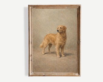 Vintage Golden Retriever Wall Art Print, Classic Oil Painting Style Dog Portrait, Antique Pet Artwork, Neutral Farmhouse Decor