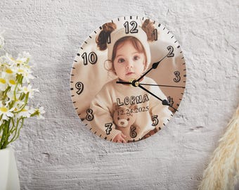 Personalized Round Photo Clock for Baby,Custom Photo Wall Clock with With Name and Date,Picture Clock,Family Gift,Mother's Day Gift Clock