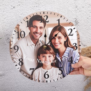 Custom Name & Photo Wooden Clock, Personalized Wall Clock with Text, Home Decoration Clock, Picture Clock, Housewarming Gift, Gift for Mom