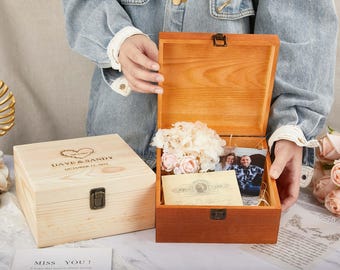 Personalized engraved wooden keepsake box - memory chest for weddings, perfect for photos & sentimental keepsakes, rustic memento box