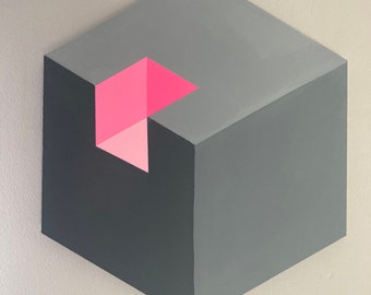 Original Modern Abstract Geometric Op Art Framed Hexagon Shaped Canvas Painting