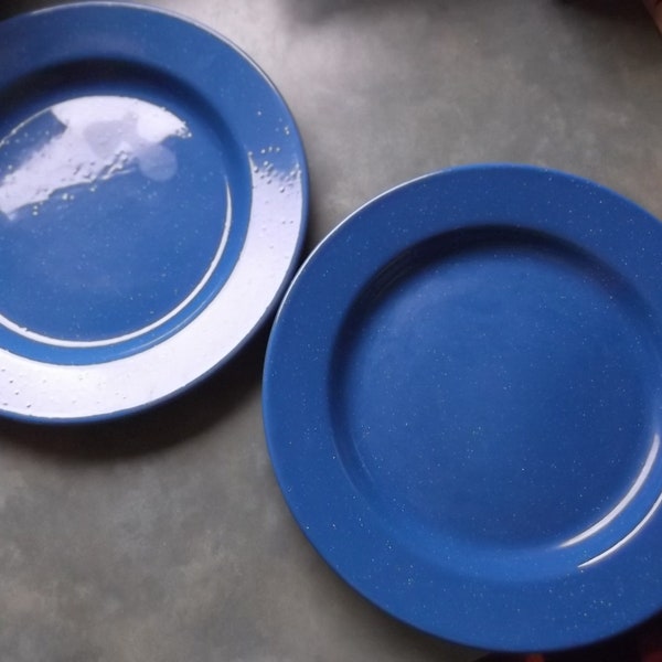 Pair of Metal Camp Plates--Blue With White Specks--Measures 103/8" Across--Enamel Coated--Home Decor