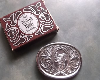 1980 Avon Western Saddle Belt Buckle-Embossed Design Fits Up To 1.5 Inches-Includes Original Box