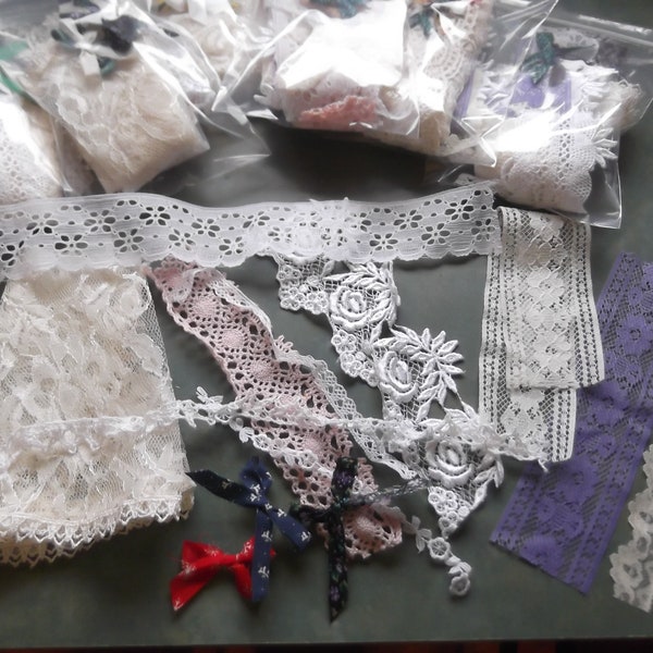 Package of Lace Snippets For Scrapbooking-Junk Journals--Crafting-10 Pieces Lace Most Over 6"-Plus 3 Hand Tied Mini Bows-Assorted Packages
