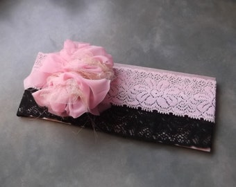 Gentle Fit Baby Headband--Black & Pink with Clip on Handmade Flower