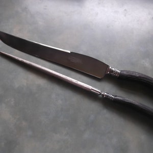 Vintage Robeson Cutlery&quot;Sure Edge&quot; Cutlery 2 Piece Carving Knife and Sharpener Set With Fancy Sterling Finials-Beautiful For Thanksgiving