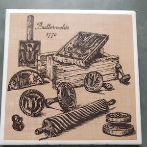 Kitchen Decorator Tile For Decor or Hot Foods--Buttermolds 1770--6 By 6 Inches--Hand Decorated by Designed Tiles NYC-Brown/Tan Kitchen Decor