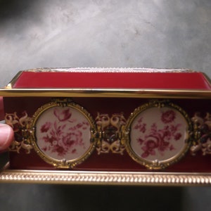 Vintage Metal Linette Candy Bank-Cranberry Red Roses and Flowers-Flip Open Top-West Germany-Trinket Box-Savings Container