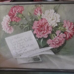 Dear Mother Vintage Picture Silver Metal--Frame Flowers and Letter--Mother&#39;s Day Gift--1940&#39;s Picture-PRV Lesco Prov RI