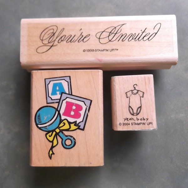 Set of 3 Rubber Stamps--You're Invited--Baby Outfit--Baby Rattle and Blocks--Wood Stamps--Stampin Up and Canadian Maple Collections