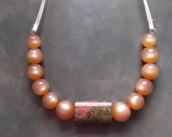 Unique One Of A Kind Green Unakite Stone and Vintage Bead Necklace-28 Inches Over the Head-Original Piece