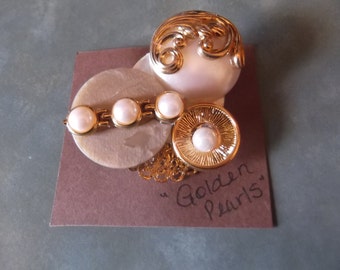 Vintage Button Pin/Brooch-&quot;Golden Pearls&quot;---Re-purposed Materials-Dress-Suit Jacket or Coat-Up-Cycled Jewelry Piece