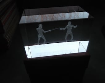 Solid Clear Acryllic Paperweight w/ Fencers Inside--Sword Play--Unique Gift For Sword Collectors--3.25x2x2 Original Box