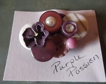 Vintage Up-Cycled Button Pin/Brooch-"Purple Passion"---Re-purposed Materials-Suit Jacket or Coat-Jewelry