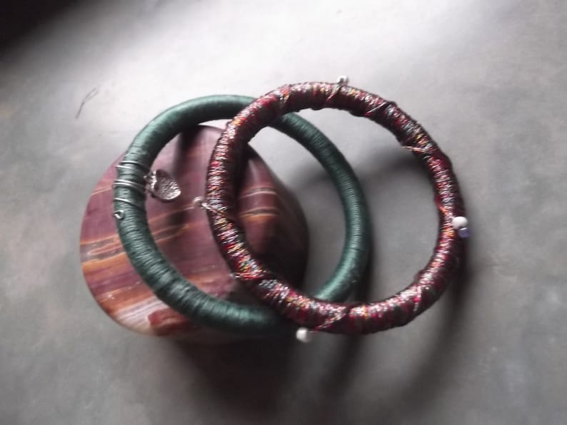 2 Slip On Bangle Bracelets Green wWire Wrap and Heart Charm and Multi-Colored wBeads-Fits Most-Re-Purposed Materials