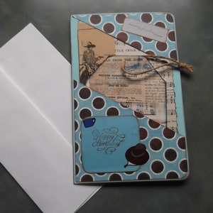 Cartão de feliz aniversário - Cartão de diário 4 páginas com etiquetas e dobras de papel e fotos - Cartão de diário de lixo - Cartão único - Cowboy-Pesca
