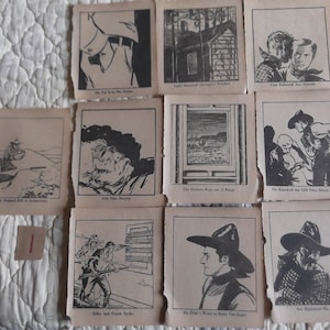 Puede incluir: Una colección de nueve ilustraciones en blanco y negro impresas en papel. Las ilustraciones representan escenas de una historia del oeste. Las ilustraciones se titulan: "The Pug in His Pocket", "Night Summoned Thoughts to His Window", "Tom Followed Him Outside", "He Snuggled Soft in Amusement", "Old Man Soudey", "The Outlaws Kept out of Range", "He Knocked the Old Man Down Again", "Keller and Friends Spike", "Old Duke's Want to See Tom Again", "Ace Regained His Gun".