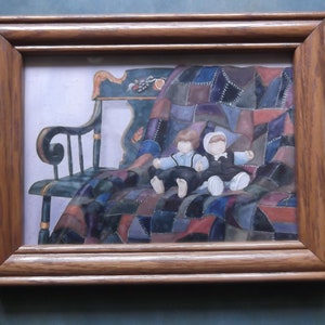 Framed Amish Quilt Picture With Amish Dolls--Wood Frame--6.25 By 8.25 Inches