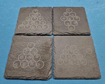 May include: Four square slate coasters with etched designs of billiard balls arranged in a triangle. Each coaster features a different arrangement of the balls, with numbers visible. The coasters are a dark gray color.