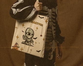 Funny Halloween Trick or Treat Bag with Mummy and Bats Reusable Cotton Tote for Kids Fall Candy Haul Party Favor or Boo Basket