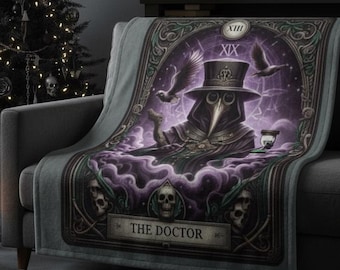 Gothic Plague Doctor Tarot Blanket, Dark Academia Velveteen Throw, Witchy Decor, Horror Cozy 50x60