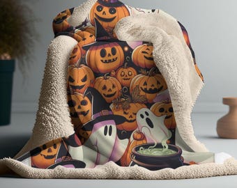 Ghost Sherpa Throw Blanket: Funny Halloween Fleece, Cozy Fall Decor