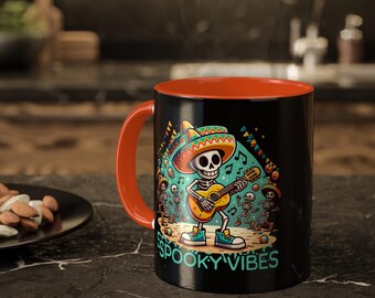 Day of the dead mug with colorful design sugar skull skeleton art vividly designed Día de Los Muertos 11 oz drinkware artistic bright accent