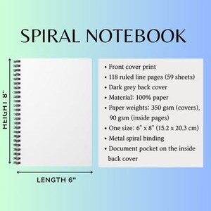 May include: A white spiral notebook with a dark grey back cover. It measures 6 inches by 8 inches and has 118 ruled line pages. The notebook has a metal spiral binding and a document pocket on the inside back cover.
