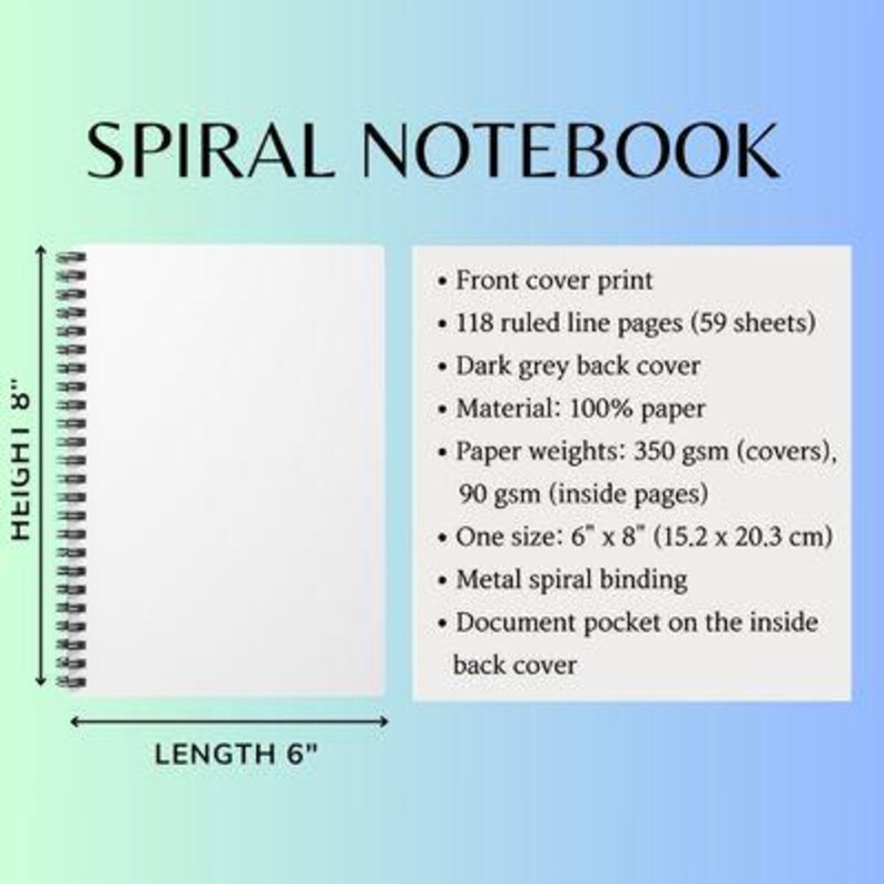 May include: A white spiral notebook with a dark grey back cover. It measures 6 inches by 8 inches and has 118 ruled line pages. The notebook has a metal spiral binding and a document pocket on the inside back cover.