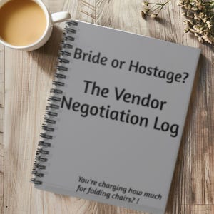 May include: A gray spiral notebook with the text "Bride or Hostage? The Vendor Negotiation Log" and the phrase "You're charging how much for folding chairs?!" printed on the cover.