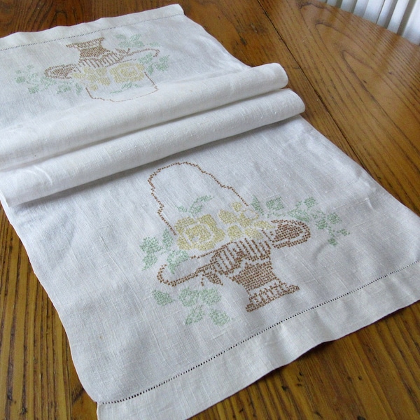 Vintage Bureau Scarf, Table Runner, Cross Stitch, Ivory, Yellow, Green, Brown, Dresser Scarf, Baskets, Embroidered Runner, Vintage Linens