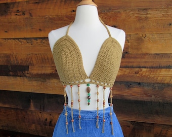 Vintage Deadstock 90s Light Brown Tan Taupe Beige Festival Crochet Sheer Mesh Beaded 3-D Flower Cotton Crop Tie Halter Top One Size