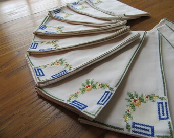 Vintage Napkins, Set of Twelve, Cross Stitch, Yellow, Blue, Green, Red, Green Cross Stitch Edge, Vintage Cotton Napkins, Reuse, Retro Table