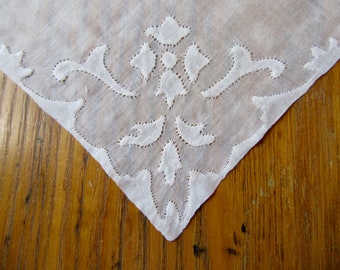 Antique Wedding Handkerchief, White, Floral Appliqué, Accessory, Vintage White Handkerchief, Something Old, Art Deco Wedding Accessory