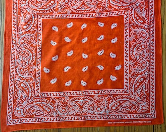 Vintage 1980s Orange Bandana, Paisley, Made In China, RN 13960, 100% Cotton, Colorfast