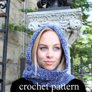 May include: A blue crocheted hooded cowl with a textured pattern. The cowl is worn by a person with blonde hair. The text "crochet pattern" is visible at the bottom of the image.