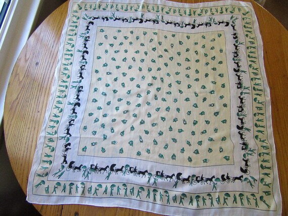 Plastron/Encolure En Soie Vintage - Motif Chevaux Et Calèches Violet - Fait Main En France (43,5x42 Cm)