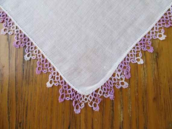 Vintage Tatted Handkerchief, Lilac Tatting, White… - image 1