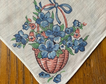 Vintage Handkerchief, Bell Flowers In Basket, Pink and Blue Imprinted Handkerchief