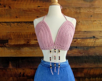 Crochet Halter Top, Pink, Beaded, Festival Top, Cotton, Sustainable, Hippie Top, Beaded Halter Top, Crochet Summer Top, Boho Top