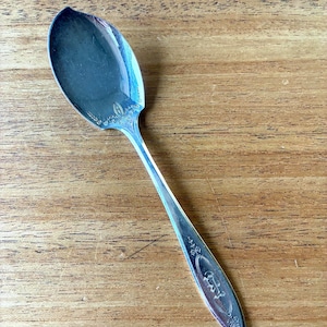 Peut inclure: Une cuillère en argent avec un bol ovale et un long manche fin. La cuillère présente des détails floraux décoratifs le long du manche et du bol. La cuillère est posée sur une surface en bois.