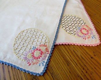 Vintage Linen Tablecloth, Embroidered Flowers, Crochet Edge, Lavender/Pink/Blue/Yellow, Card Table Cloth, Luncheon Tablecloth, Retro Decor