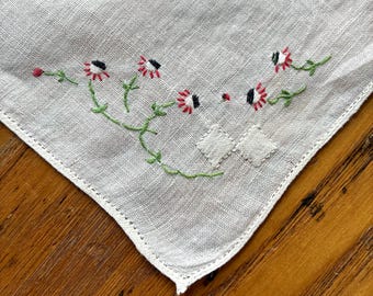 Pañuelo de lino vintage, bordado a mano, flores rojas y negras, pañuelo vintage, estilo retro.