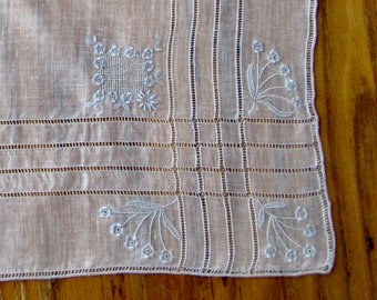 Antique Wedding Handkerchief, White Linen, Pale Blue Floral Embroidery, Linen Handkerchief, Wedding Accessory, Pull Work, Something Blue/Old