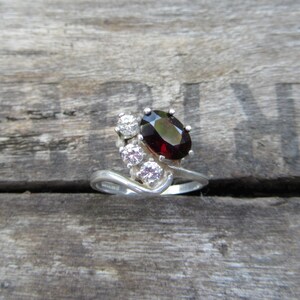 Vintage 1980s Artist Made Ring, Garnet Ring, Garnet & CZ Ring, Sterling Silver, Boho Ring, Red Stone Ring, One of a Kind Ring, Size 6 1/2