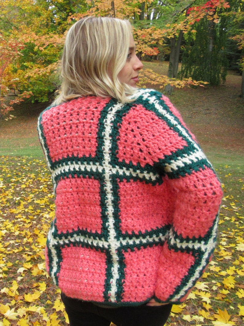 Handmade Cardigan, Bulky, Size Large, Sweater, Coral, Green, Cream, Bulky Winter Sweater, Warm Sweater, Oversized Sweater image 2