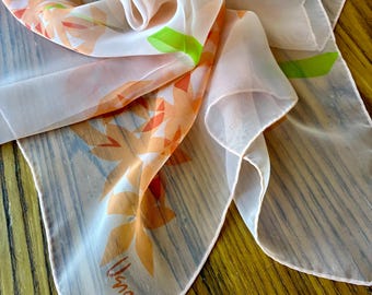 1970s Vintage Vera Neumann Scarf, Peach, Lime Green, 21" x 21", Chiffon, Made In Japan, Vintage Vera Scarf, Vera Neumann Scarf, Hyacinths